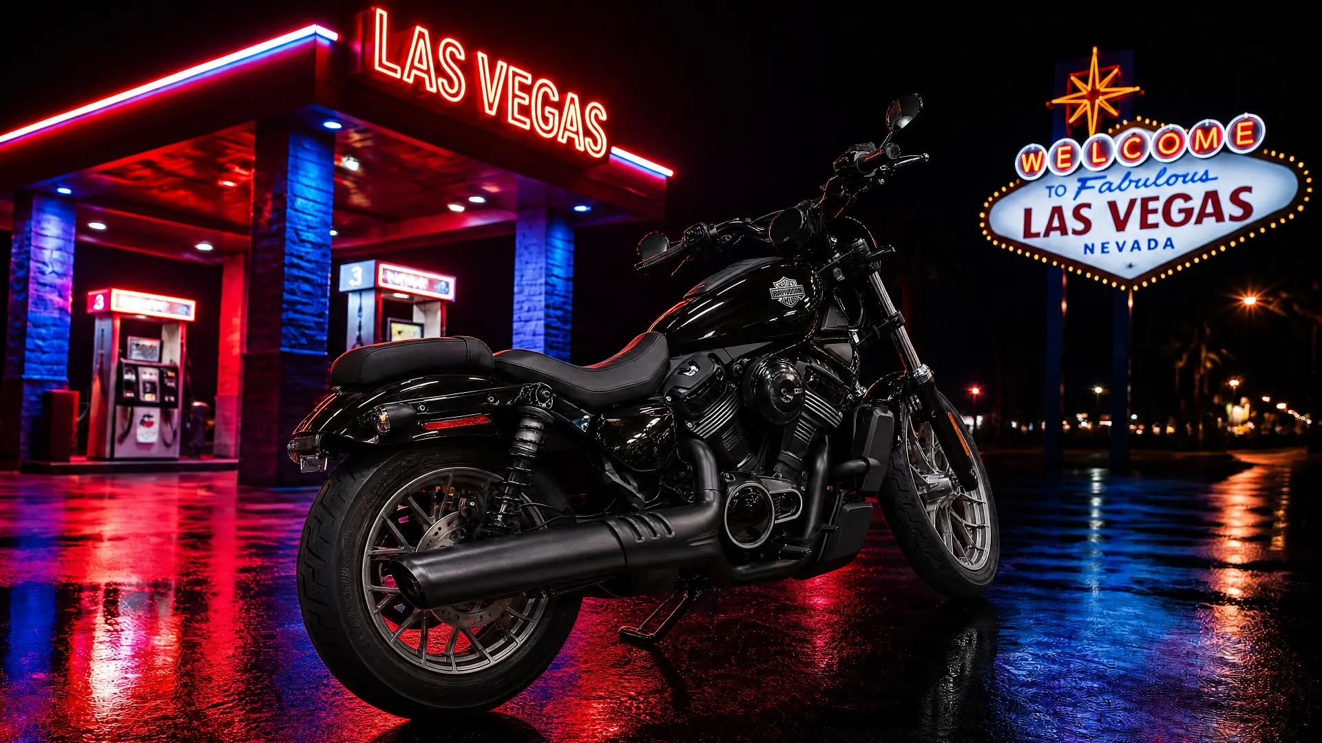Black Harley-Davidson parked at a neon-lit Las Vegas gas station at night